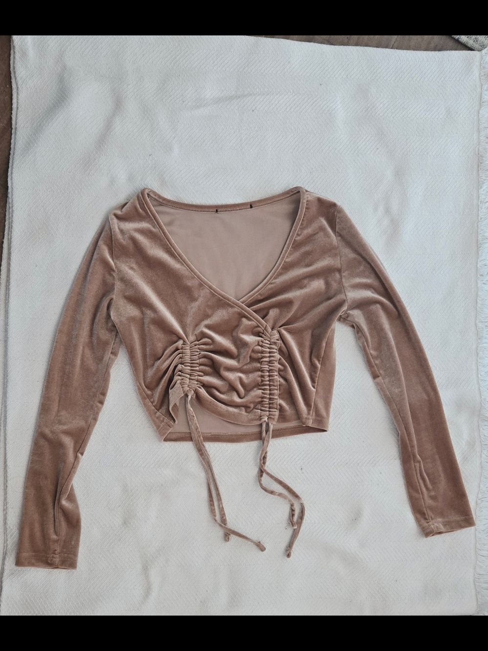 Velvet Ruched Drawstring V-Neck Long Sleeve Top - Taupe